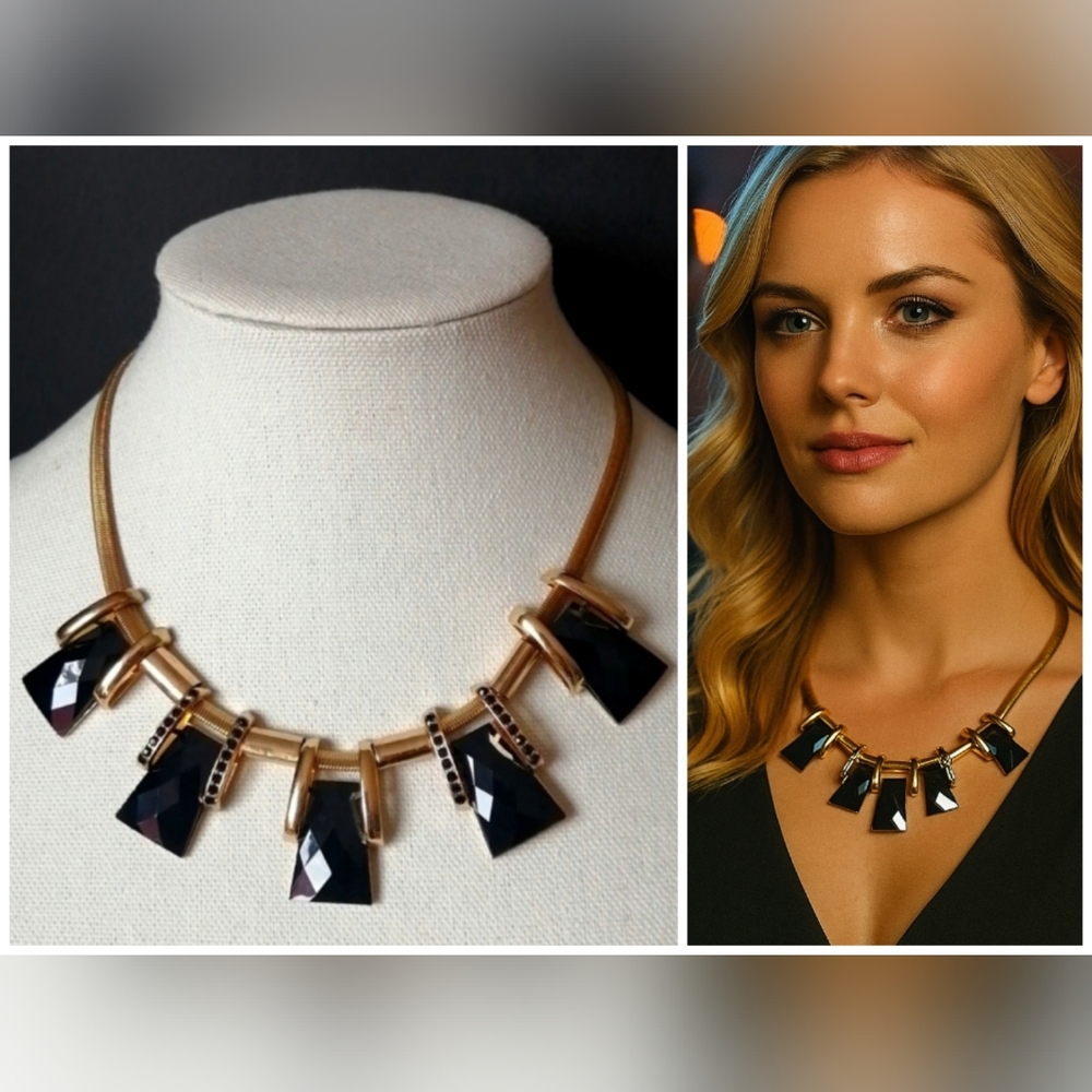 Vintage 1980s Necklace Black Beveled Onyxlike Diamanté Pendants Gold Snake Chain